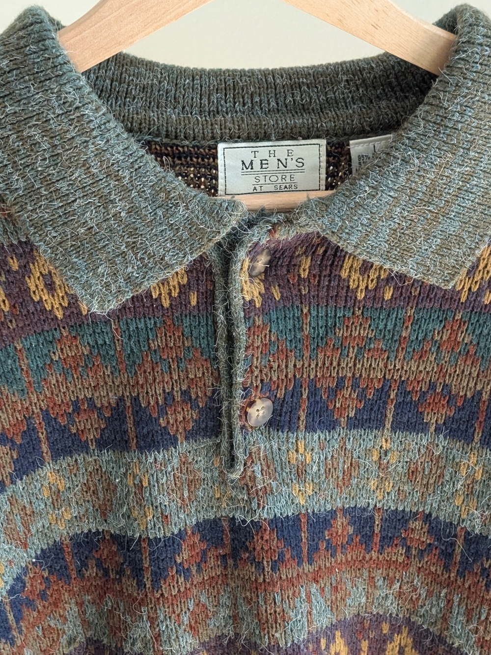 Vintage Abstract Geometric Patterned Collared Henley Sweater In Sage Green/Brown - Picture 4 of 8